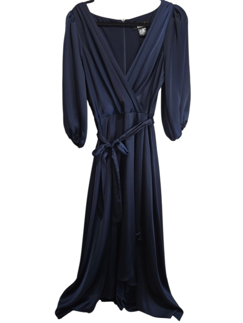 DKNY Elegant Navy Blue Faux Wrap Maxi Dress Tie Waist Womens Size 12